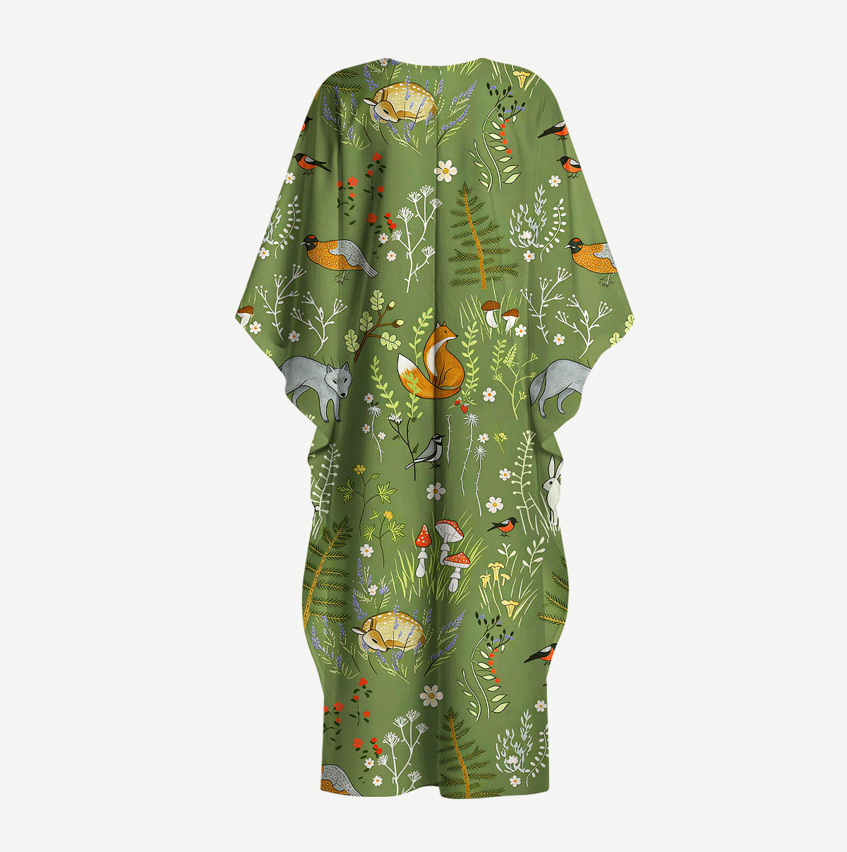Whimsical Woodland Animals Kimono Sleeve Kaftan Dress