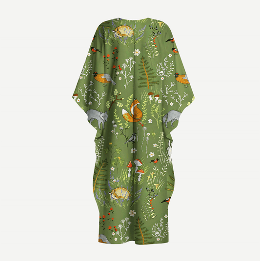 Whimsical Woodland Animals Kimono Sleeve Kaftan Dress