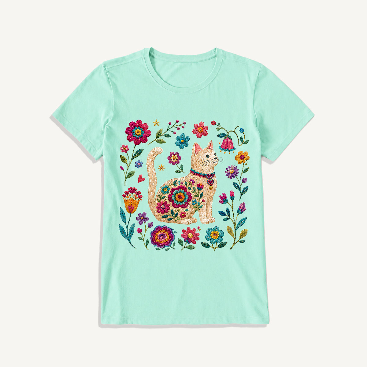 Embroidered Floral Cat Print Crew Neck Cotton Tee