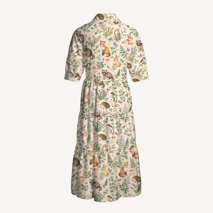 V Neck Collared Woodland Creatures Blush Print Casual Midi Dress With Pockets