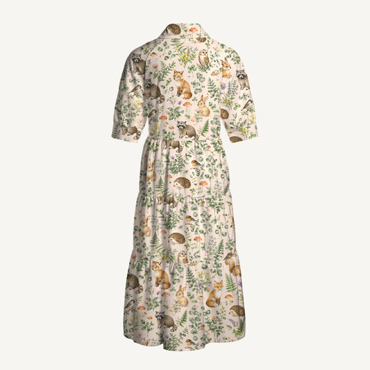 V Neck Collared Woodland Creatures Blush Print Casual Midi Dress With Pockets