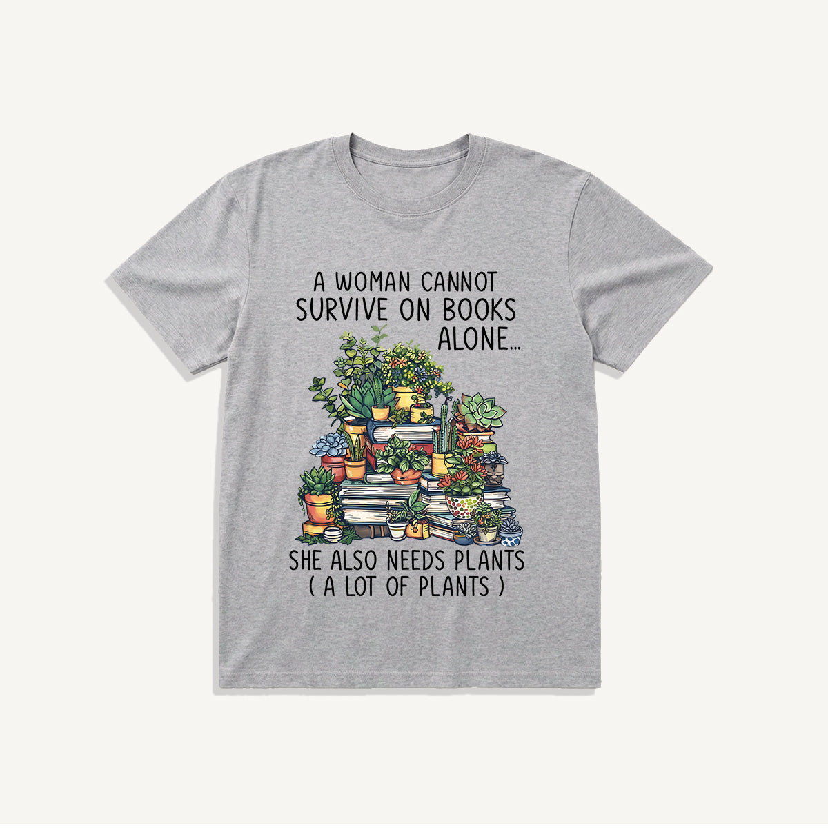 Books and Potted Plants Print Crew Neck Cotton Tee