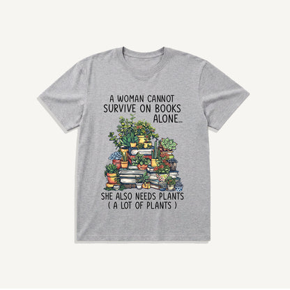 Books and Potted Plants Print Crew Neck Cotton Tee