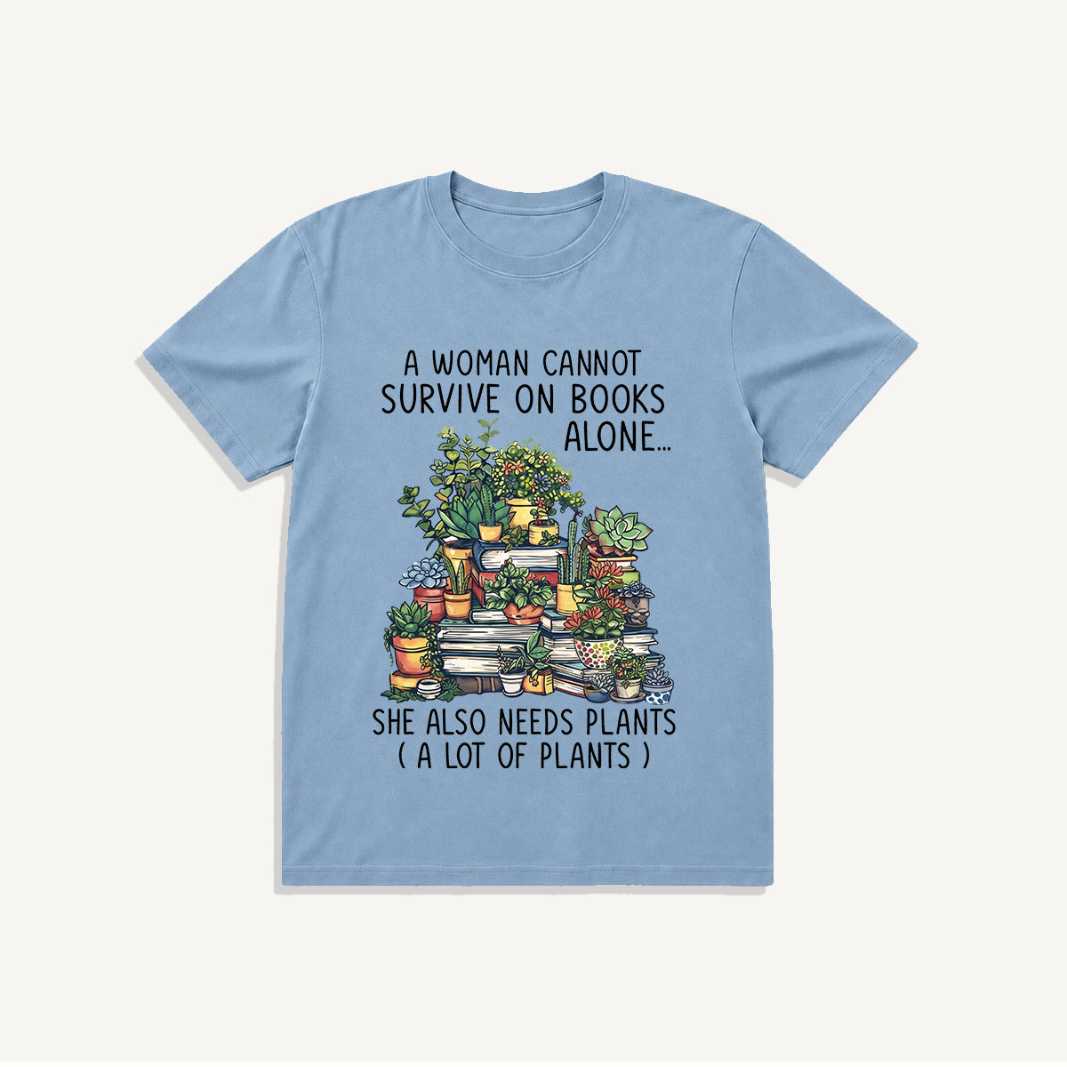 Books and Potted Plants Print Crew Neck Cotton Tee