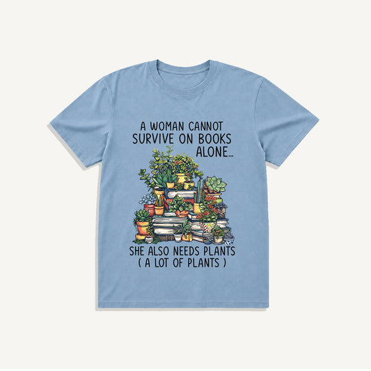 Books and Potted Plants Print Crew Neck Cotton Tee