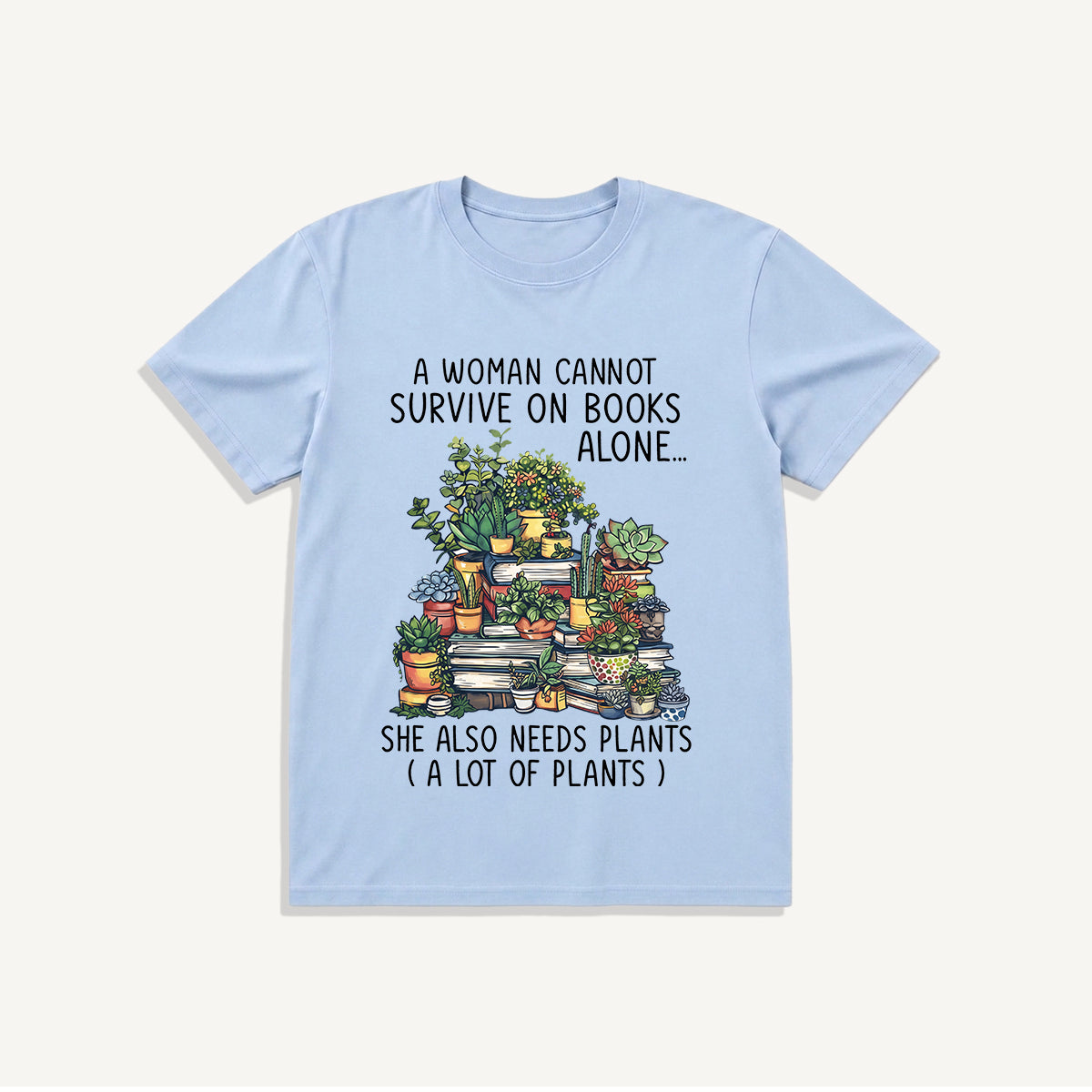 Books and Potted Plants Print Crew Neck Cotton Tee