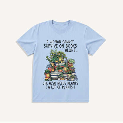 Books and Potted Plants Print Crew Neck Cotton Tee