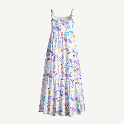 Unicorn Wonderland Print Wide Straps Maxi Dress With Pockets