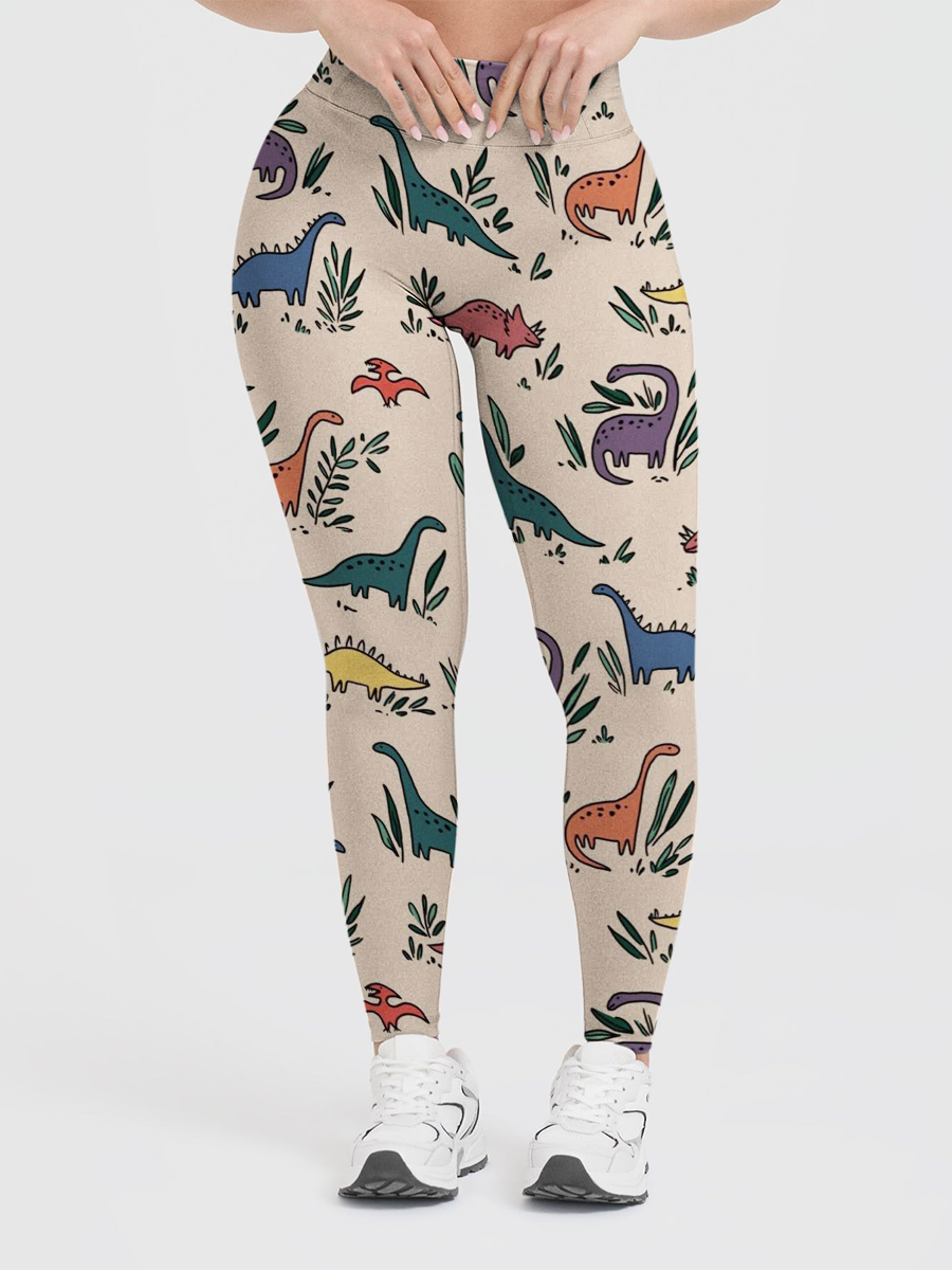 Vintage Cartoon Dino & Plants Leggings