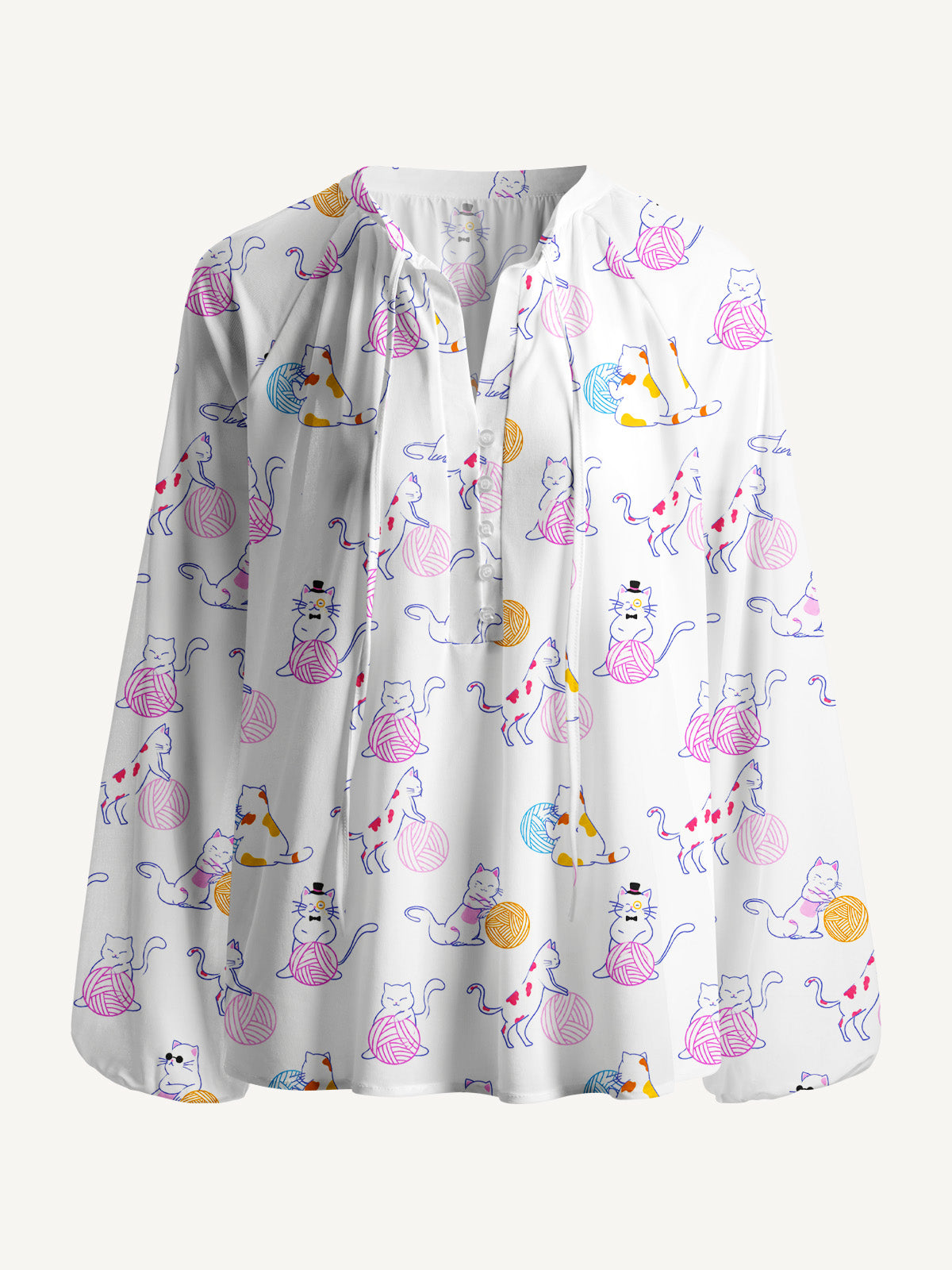 Color Yarn Garden Cat Print Boho Long Sleeve Tie‑Neck Blouse