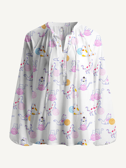 Color Yarn Garden Cat Print Boho Long Sleeve Tie‑Neck Blouse
