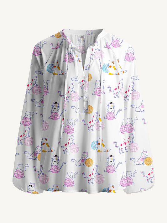 Color Yarn Garden Cat Print Boho Long Sleeve Tie‑Neck Blouse