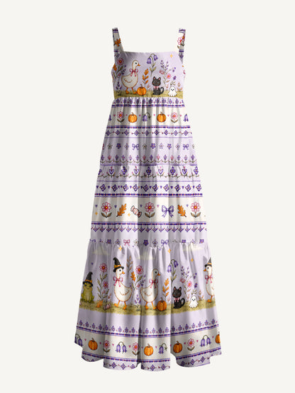 Witchy Goose Garden Print Wide Straps Maxi Dress With Pockets