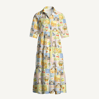 V Neck Collared Vintage Patchwork Kitty Print Casual Midi Dress With Pockets