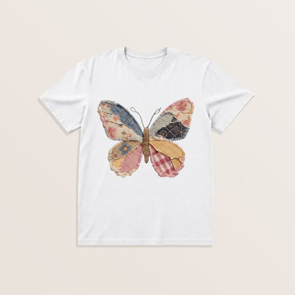 Quilt Patch Butterfly Print Crew Neck Cotton Tee