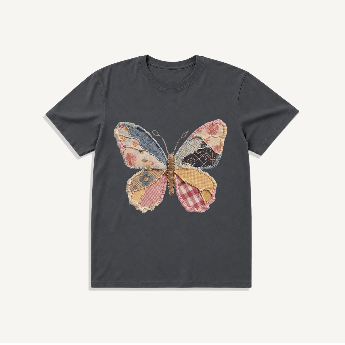 Quilt Patch Butterfly Print Crew Neck Cotton Tee