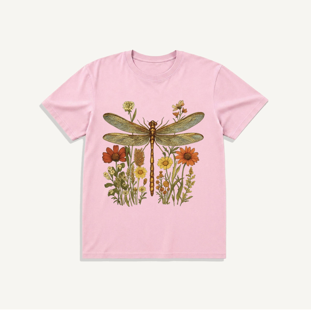 Vintage Dragonfly Blooms Print Crew Neck Cotton Tee