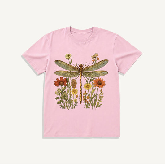 Vintage Dragonfly Blooms Print Crew Neck Cotton Tee