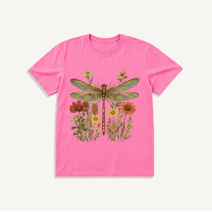 Vintage Dragonfly Blooms Print Crew Neck Cotton Tee