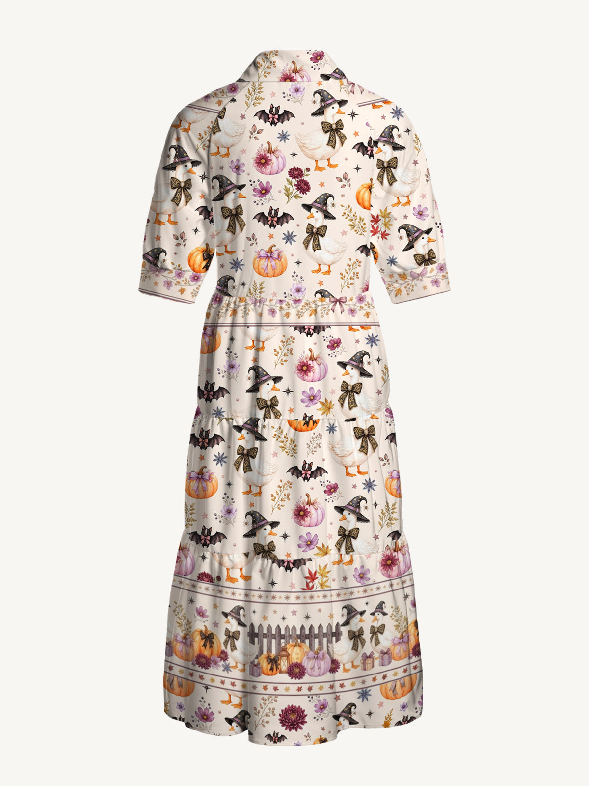 V Neck Collared Rustic Halloween Goose Print Casual Midi Dress With Pockets