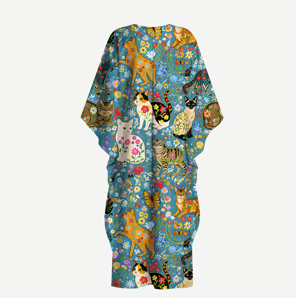 V‑Neck Colorful Garden Cat Kimono Sleeve Kaftan Dress