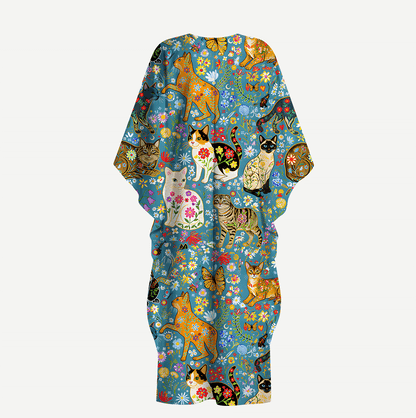 V‑Neck Colorful Garden Cat Kimono Sleeve Kaftan Dress
