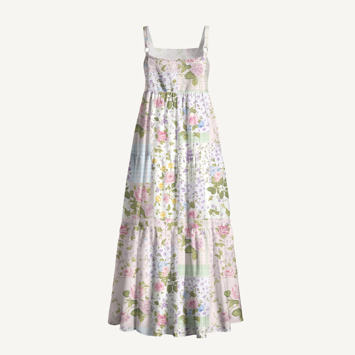 Pastel Rose Print Patchwork Wide Straps Maxi Dress With Pockets