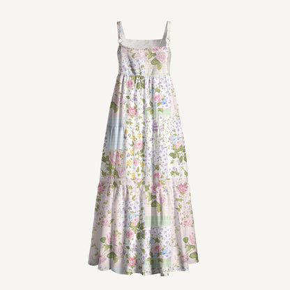 Pastel Rose Print Patchwork Wide Straps Maxi Dress With Pockets