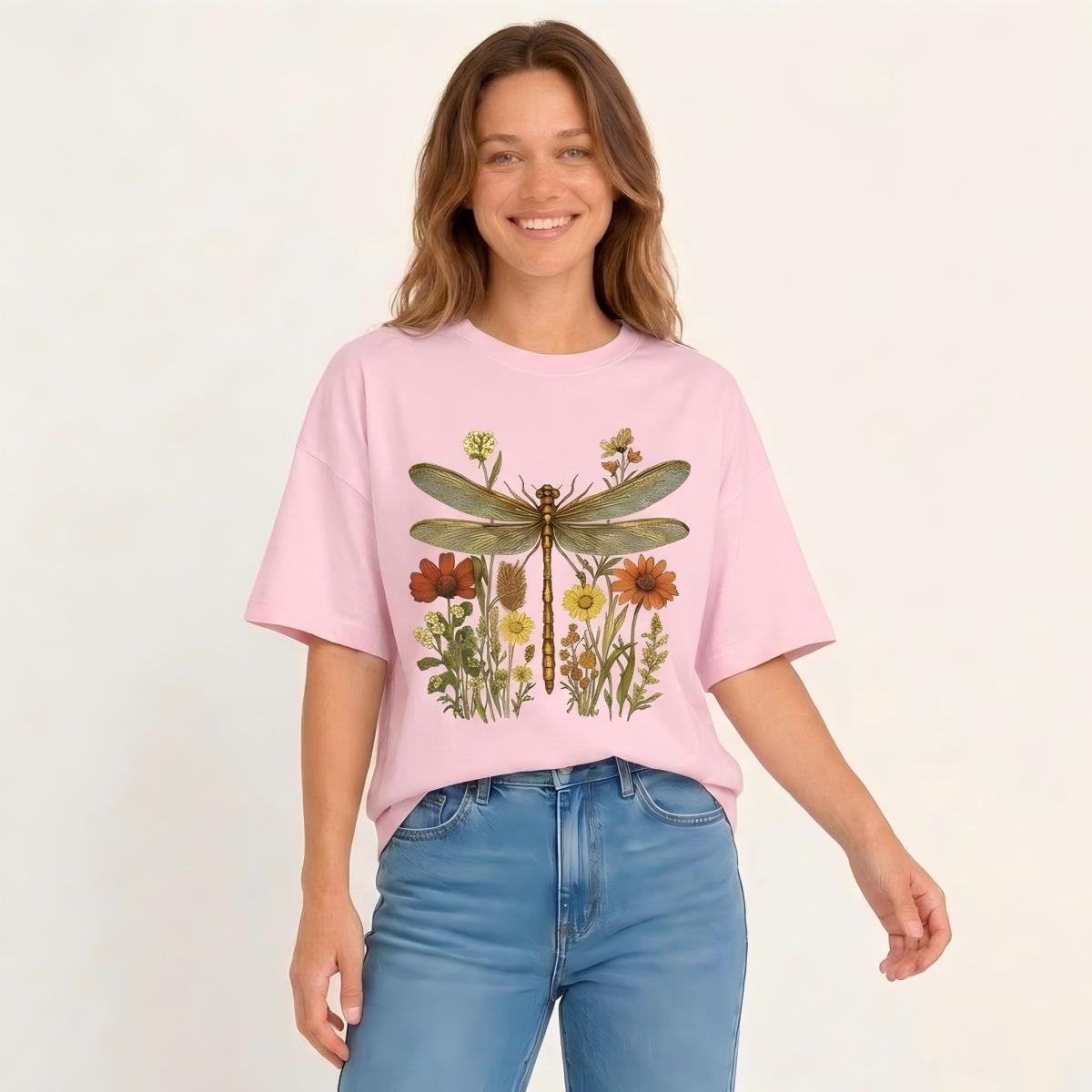 Vintage Dragonfly Blooms Print Crew Neck Cotton Tee