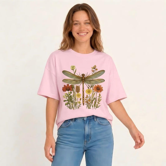 Vintage Dragonfly Blooms Print Crew Neck Cotton Tee