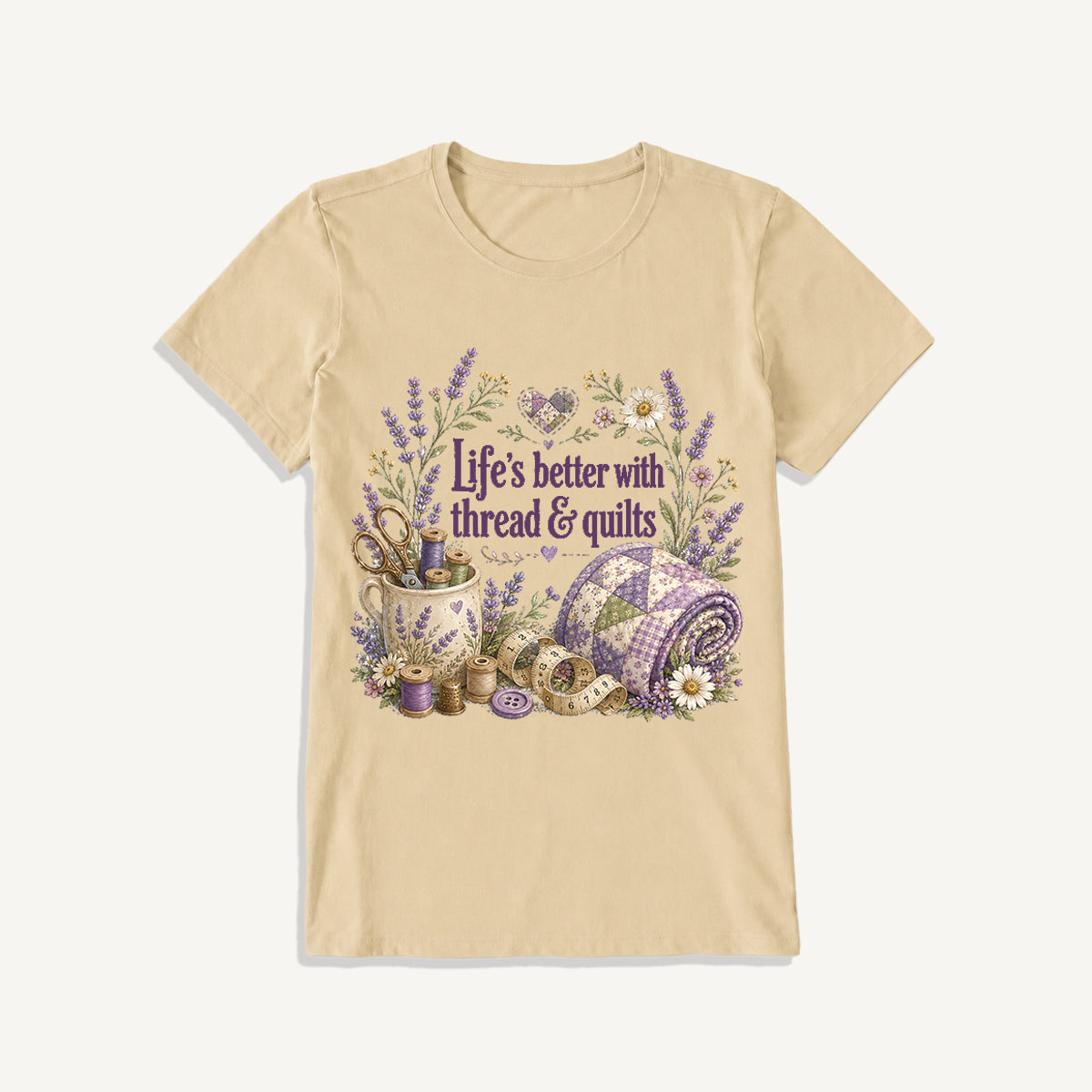 Stitched Quiet Happiness Print Crew Neck Cotton Tee