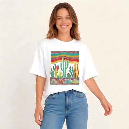 Desert Cactus Skies Print Crew Neck Cotton Tee
