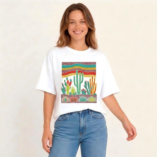 Desert Cactus Skies Print Crew Neck Cotton Tee