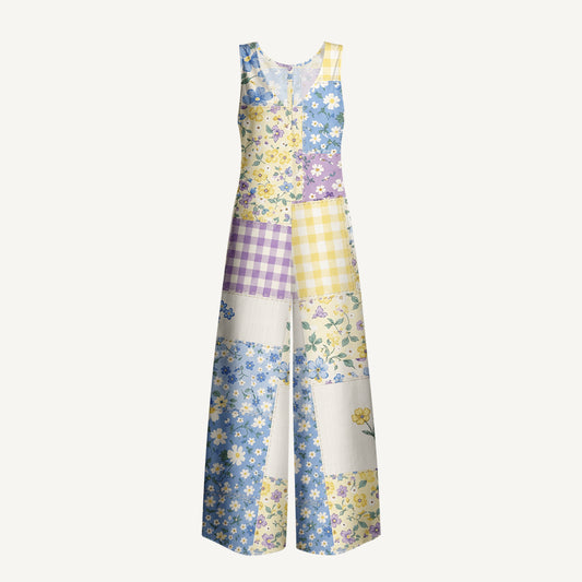 Floral Meadow Patchwork Print Boho Jumpsuit with Pockets for Women