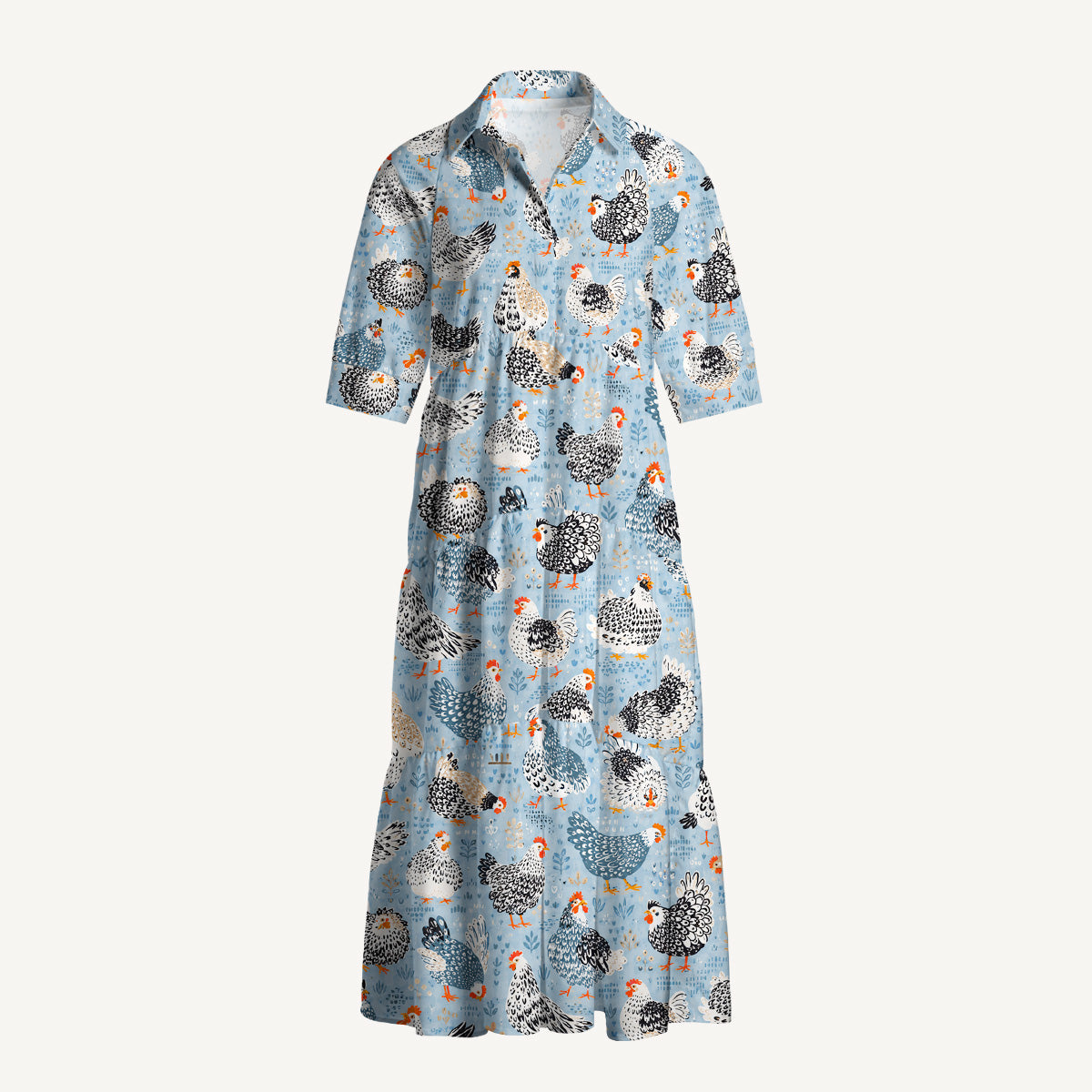 V Neck Collared Chickens Blue Print Casual Midi Dress With Pockets
