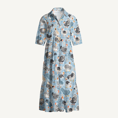V Neck Collared Chickens Blue Print Casual Midi Dress With Pockets