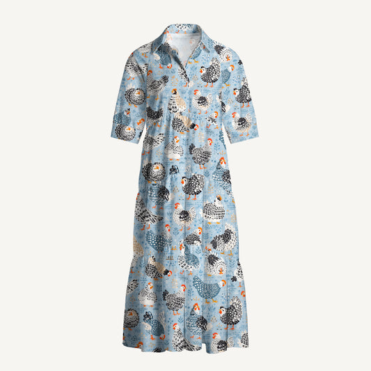 V Neck Collared Chickens Blue Print Casual Midi Dress With Pockets