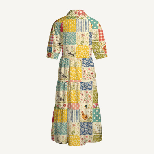 V Neck Collared Country Patchwork Garden Print Casual Midi Dress With Pockets