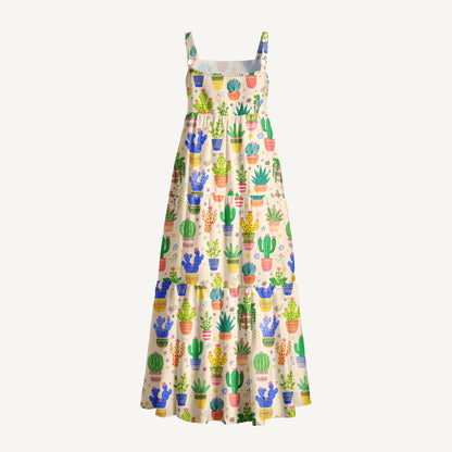 Colorful Cactus Garden In Pots Print Wide Straps Maxi Dress With Pockets