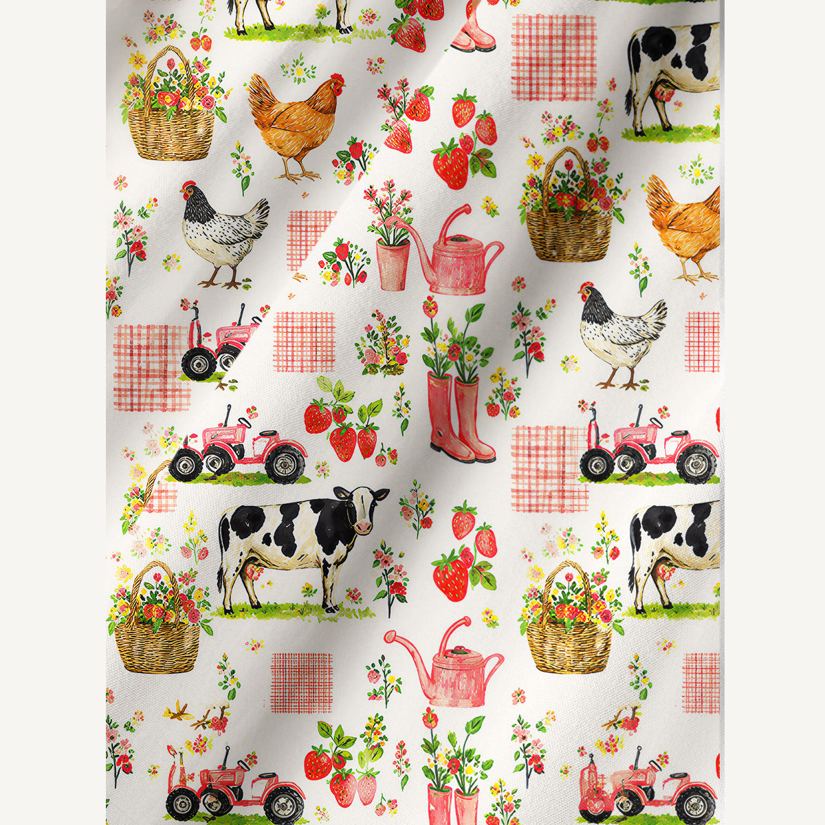 Watercolor Pink Farm Chicken Cow Print Cotton Wide Straps Maxi Dress With Pockets