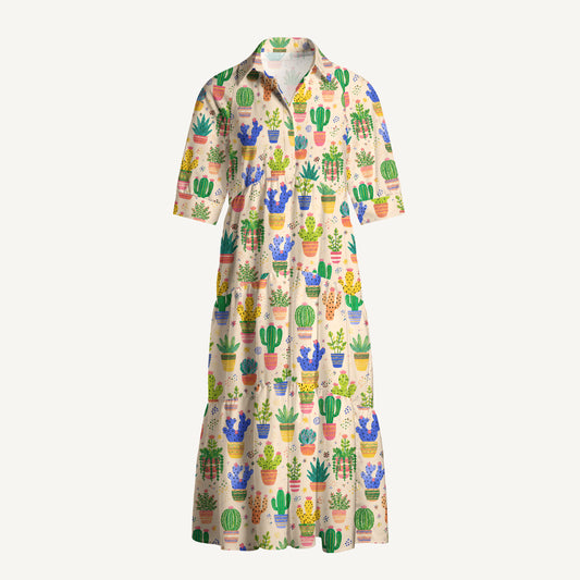 V Neck Collared Colorful Cactus Garden In Pots Print Casual Midi Dress With Pockets