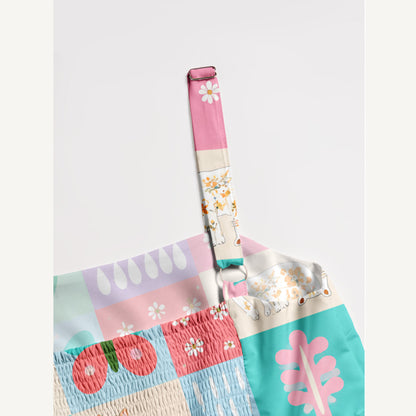 Pastel Patchwork Kitty Print Wide Straps Maxi Dress With Pockets