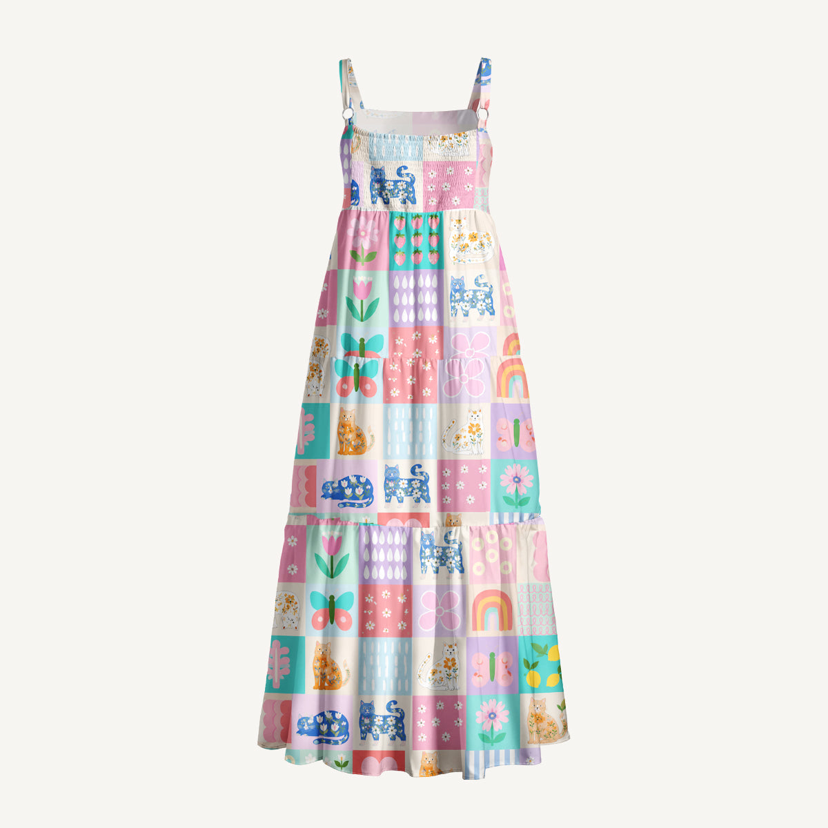 Pastel Patchwork Kitty Print Wide Straps Maxi Dress With Pockets