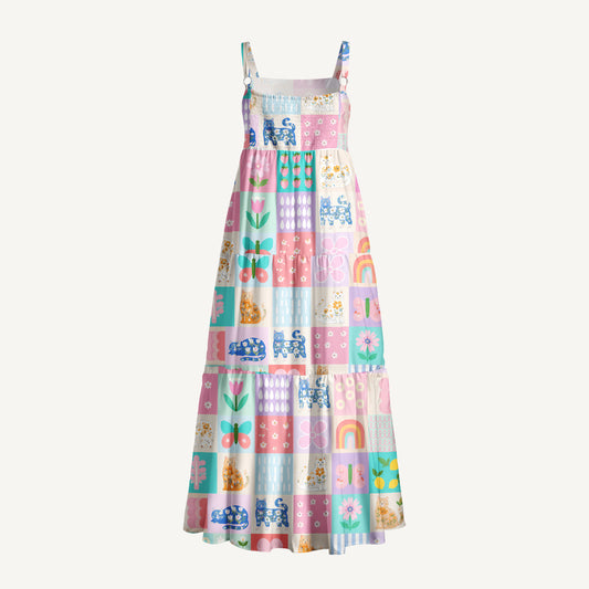 Pastel Patchwork Kitty Print Wide Straps Maxi Dress With Pockets