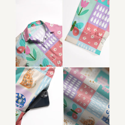 V Neck Collared Pastel Patchwork Kitty Print Casual Midi Dress With Pockets