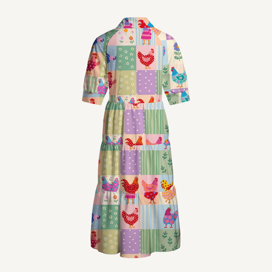 V Neck Collared Country Patchwork Chicken Print Casual Midi Dress With Pockets