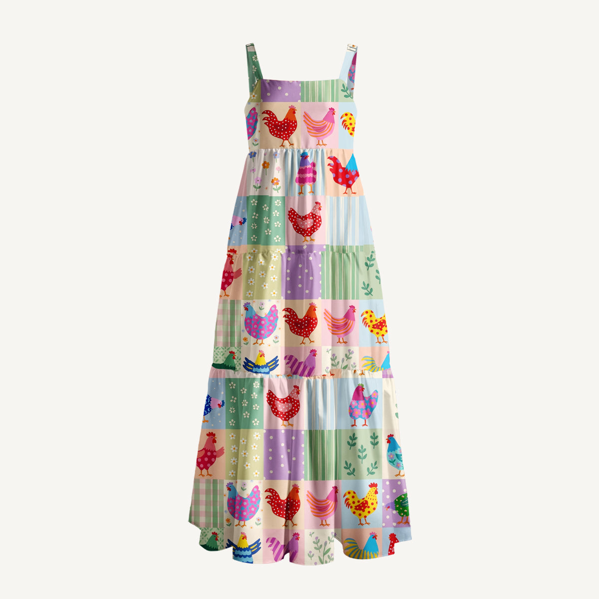 Country Patchwork Chicken Print Wide Straps Maxi Dress With Pockets
