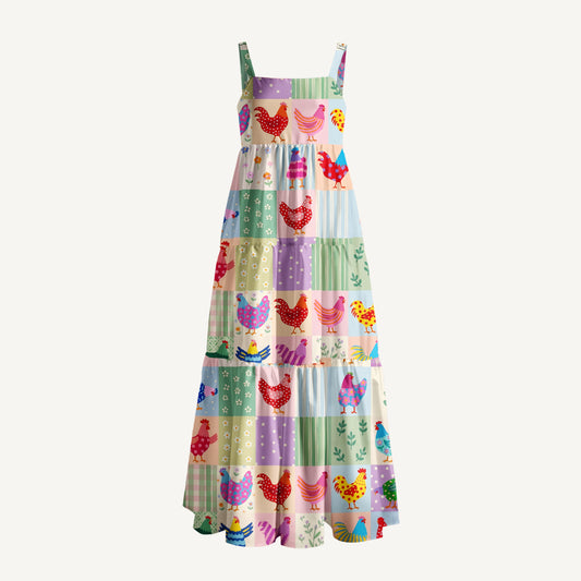 Country Patchwork Chicken Print Wide Straps Maxi Dress With Pockets