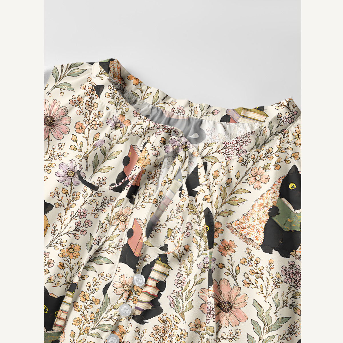 Books Blooms and Black Cats Print Boho Tie‑Neck Smock Mini Dress