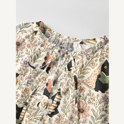 Books Blooms and Black Cats Print Boho Tie‑Neck Smock Mini Dress